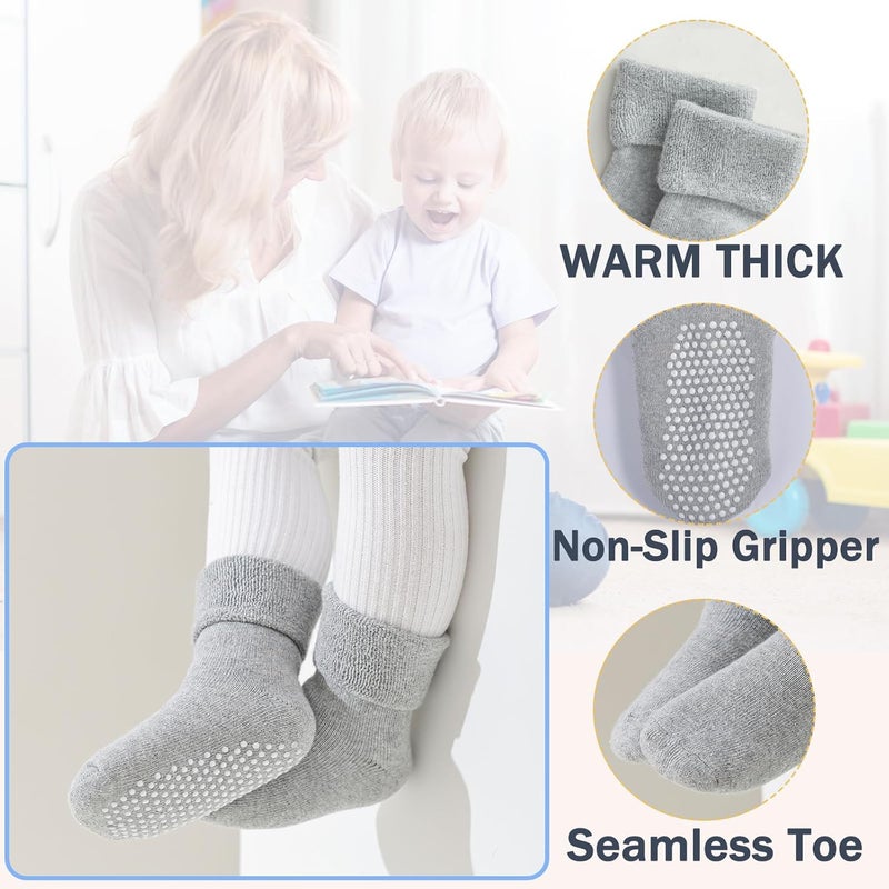 hakugoo 6 Pairs Toddler Non Slip Socks with Grippers Winter Thick Warm Cozy Crew Socks for Baby Kids - Image 2